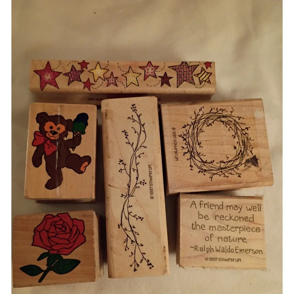 Stampin Up Hero Arts Vintage Wood Rubber Stamp Lot 6pc Bear Rose Stars 1997